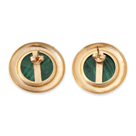 Vintage 10K Gold Malachite Stud Earrings Large Round Cabochon Studs Estate - Picture 4 of 6